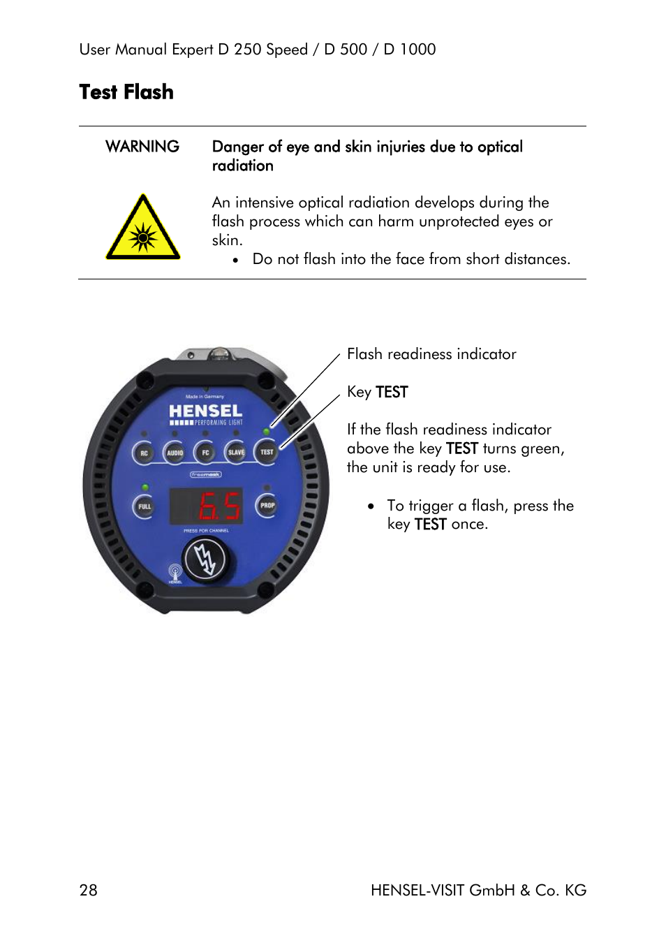 Test flash | Hensel Expert D 250 SPEED Monolight User Manual | Page 28 / 96