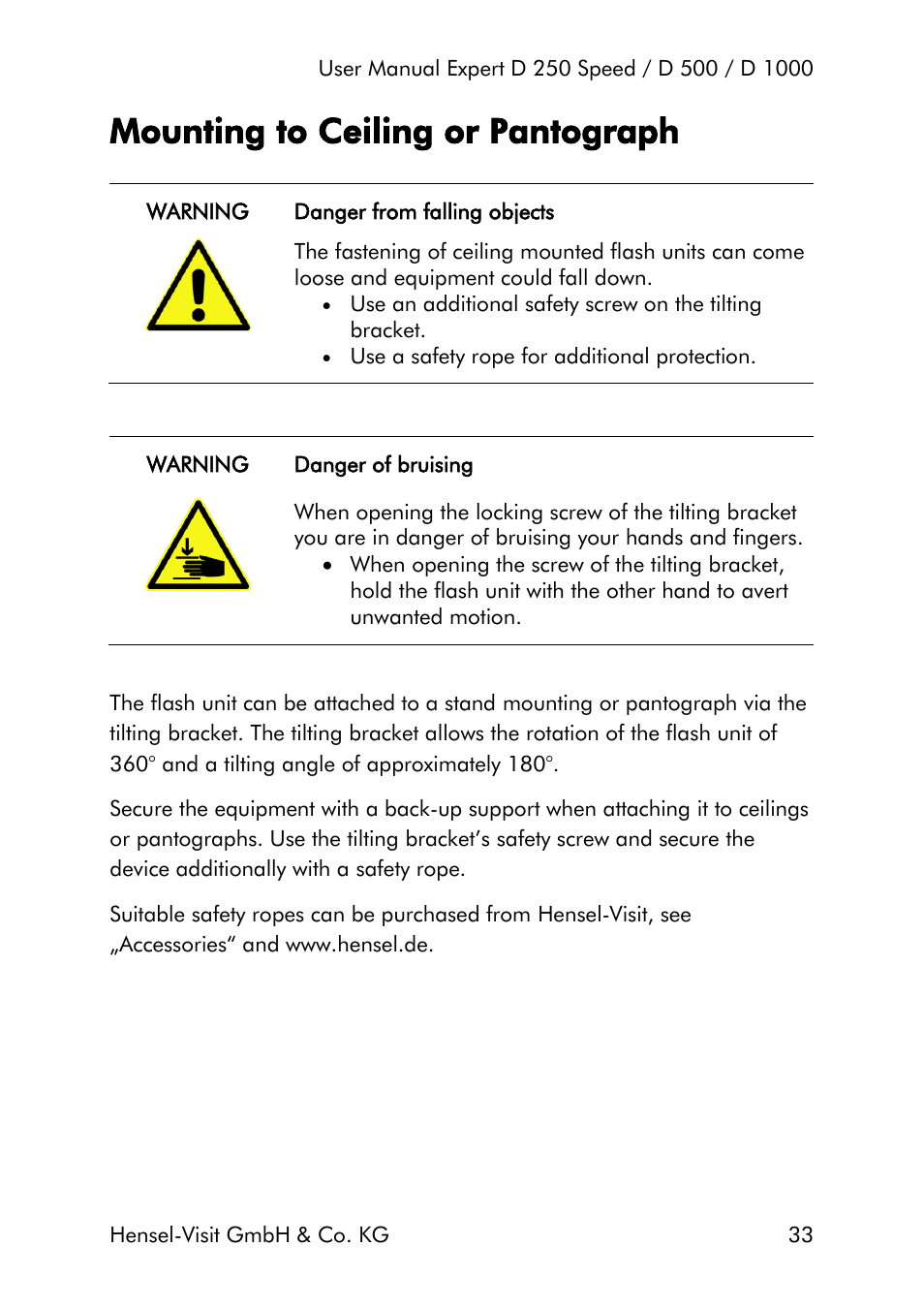 Mounting to ceiling or pantograph | Hensel Expert D 250 SPEED Monolight User Manual | Page 33 / 96