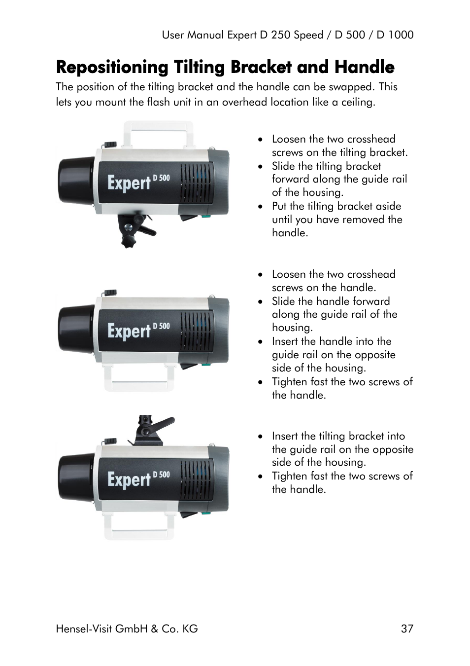 Repositioning tilting bracket and handle | Hensel Expert D 250 SPEED Monolight User Manual | Page 37 / 96