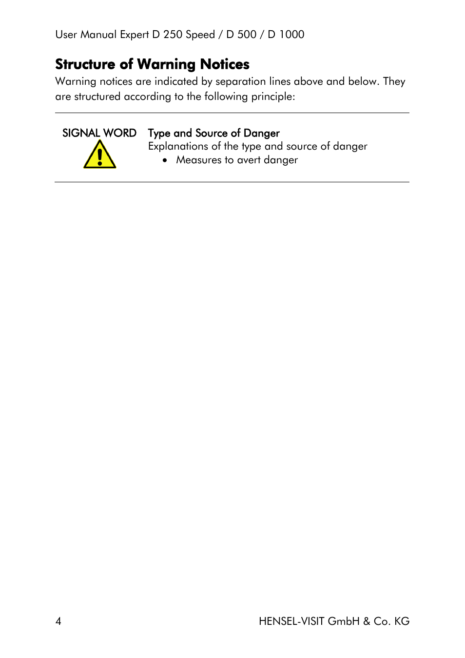 Structure of warning notices | Hensel Expert D 250 SPEED Monolight User Manual | Page 4 / 96