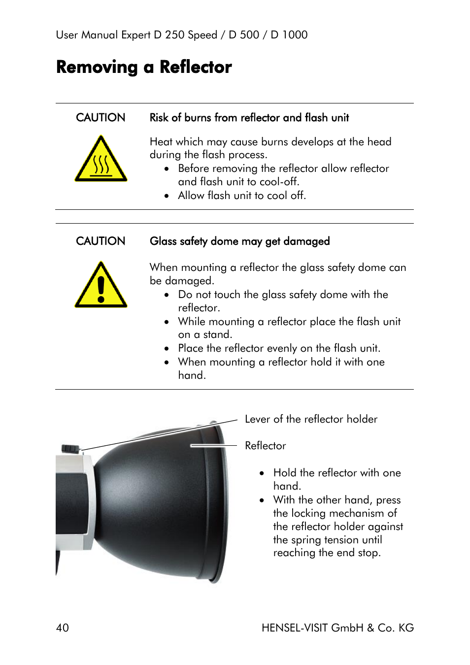 Removing a reflector | Hensel Expert D 250 SPEED Monolight User Manual | Page 40 / 96