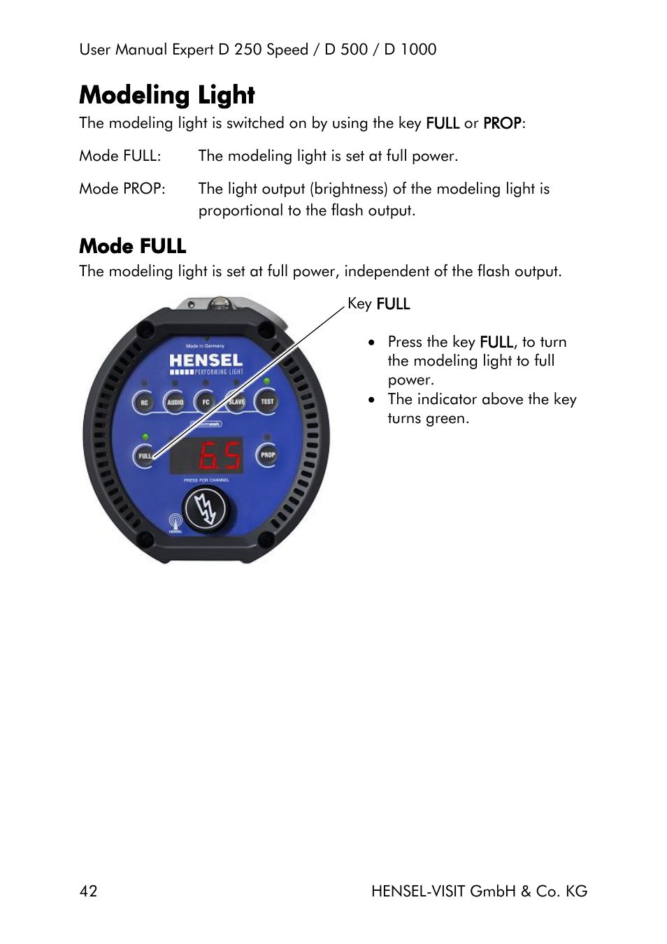 Modeling light, Mode full | Hensel Expert D 250 SPEED Monolight User Manual | Page 42 / 96