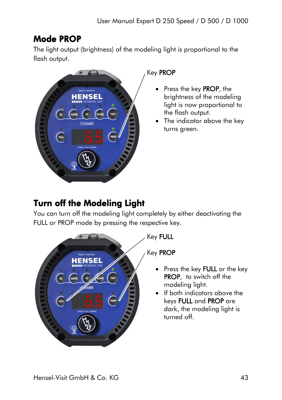 Mode prop, Turn off the modeling light | Hensel Expert D 250 SPEED Monolight User Manual | Page 43 / 96