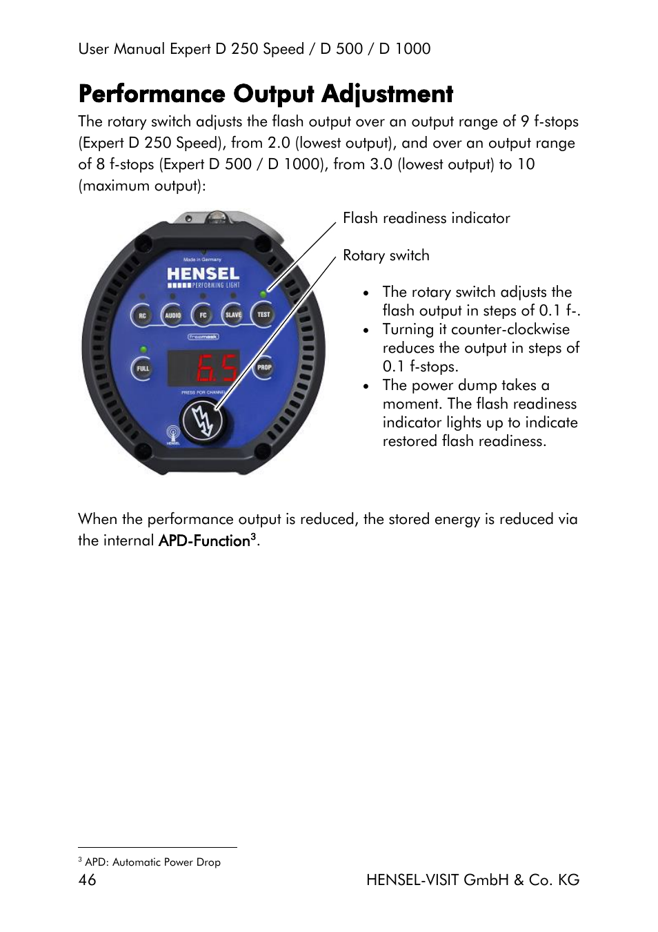 Performance output adjustment | Hensel Expert D 250 SPEED Monolight User Manual | Page 46 / 96