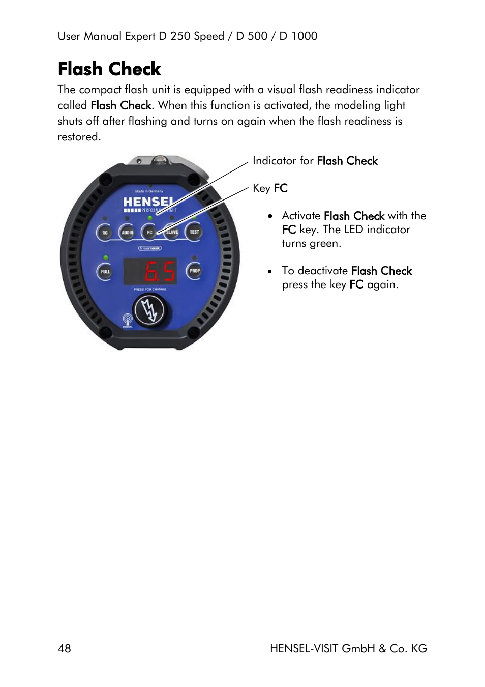 Flash check | Hensel Expert D 250 SPEED Monolight User Manual | Page 48 / 96
