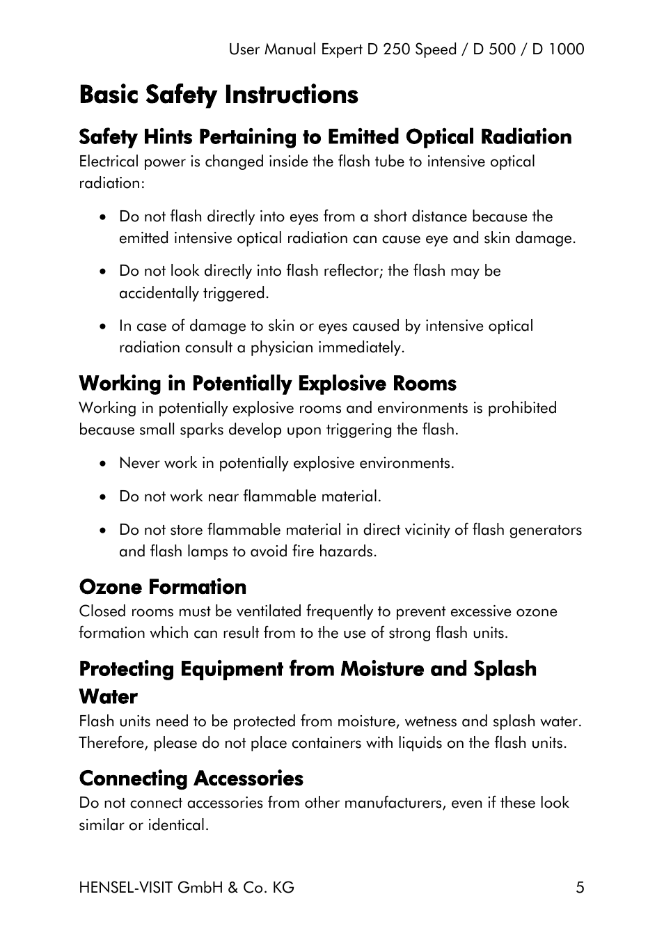 Basic safety instructions, Working in potentially explosive rooms, Ozone formation | Connecting accessories | Hensel Expert D 250 SPEED Monolight User Manual | Page 5 / 96