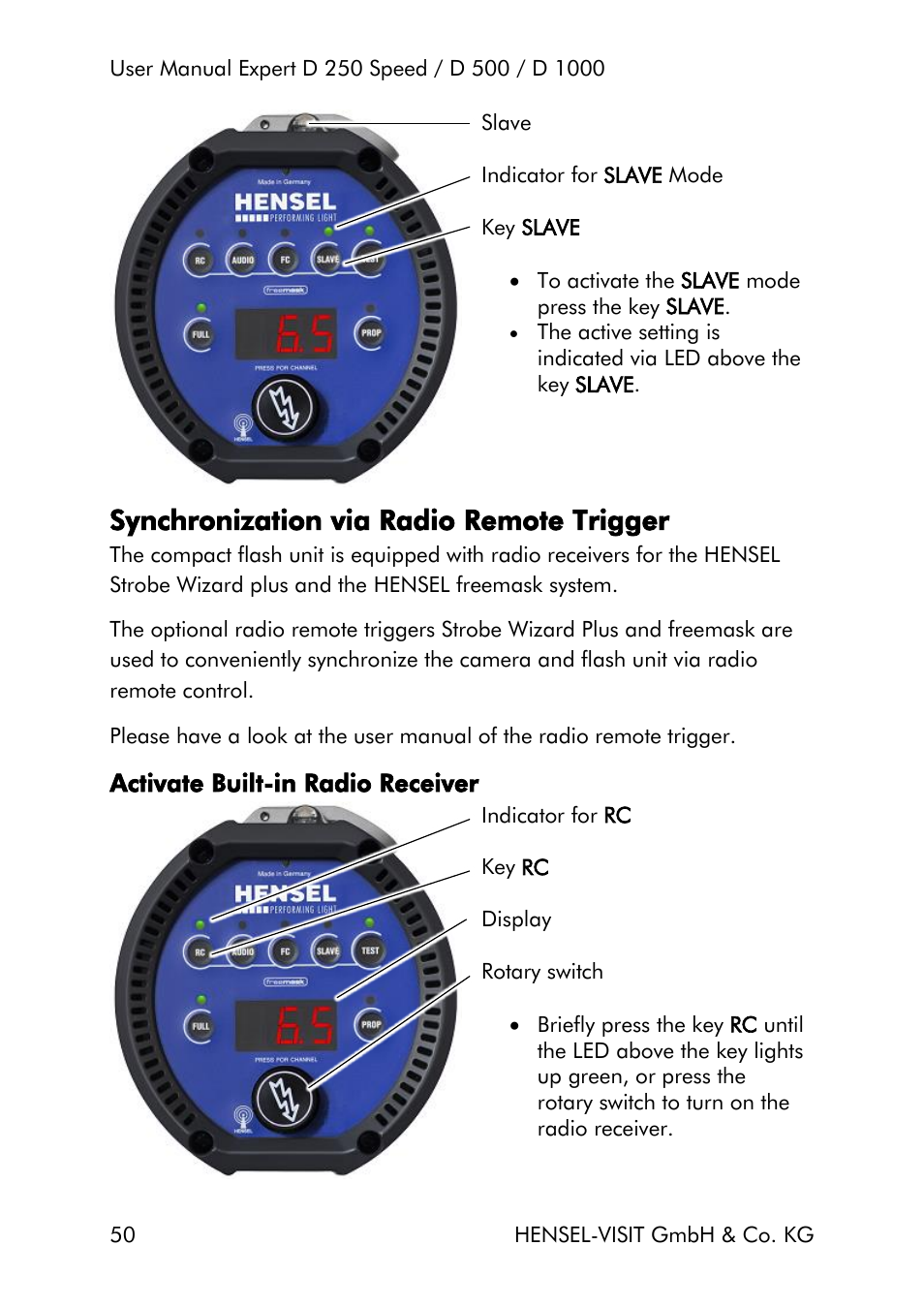 Synchronization via radio remote trigger, Activate built-in radio receiver | Hensel Expert D 250 SPEED Monolight User Manual | Page 50 / 96