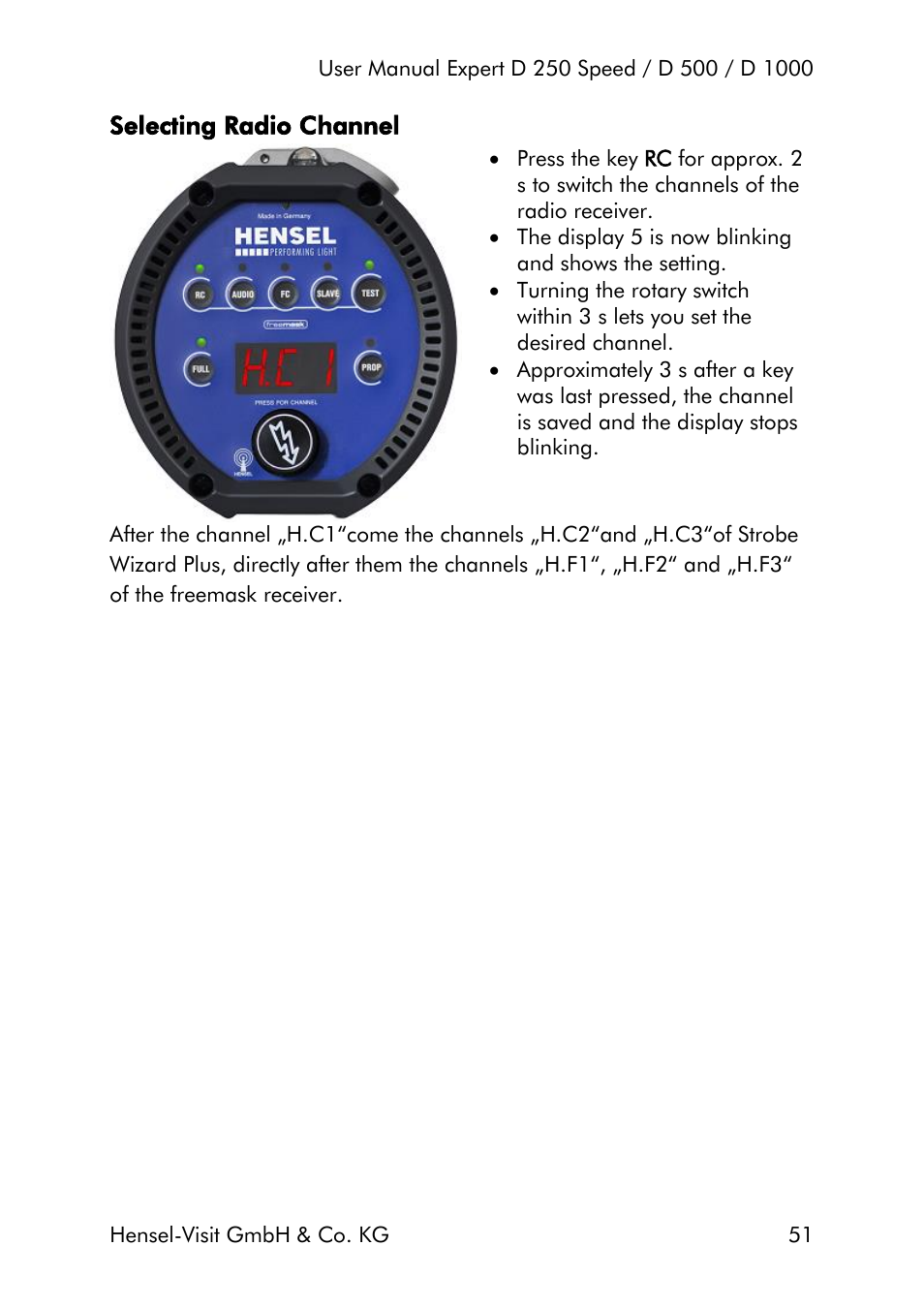 Selecting radio channel | Hensel Expert D 250 SPEED Monolight User Manual | Page 51 / 96