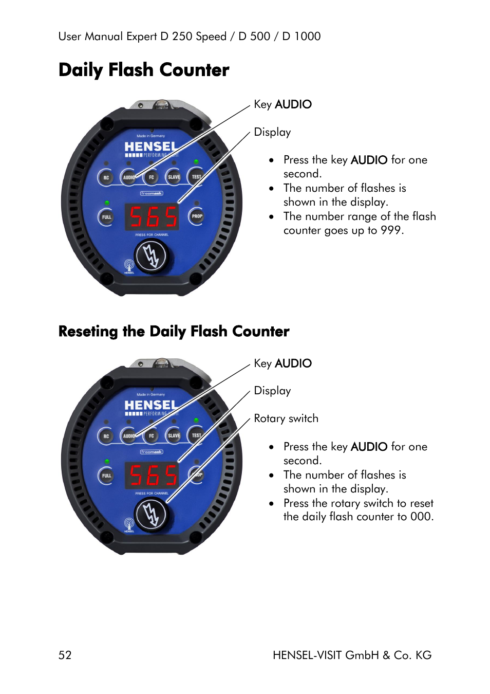 Daily flash counter, Reseting the daily flash counter | Hensel Expert D 250 SPEED Monolight User Manual | Page 52 / 96