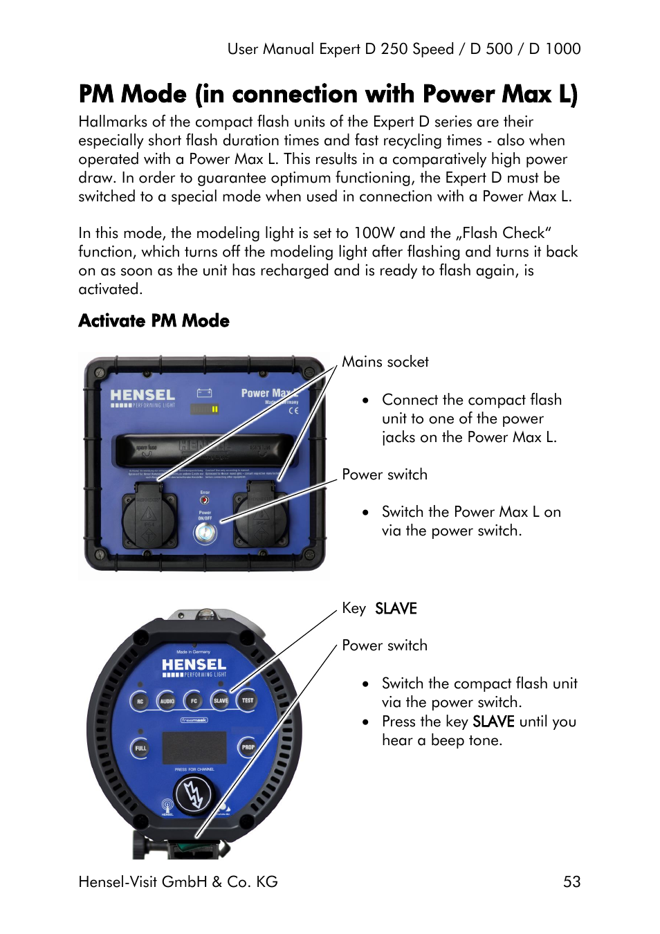 Pm mode (in connection with power max l), Activate pm mode | Hensel Expert D 250 SPEED Monolight User Manual | Page 53 / 96