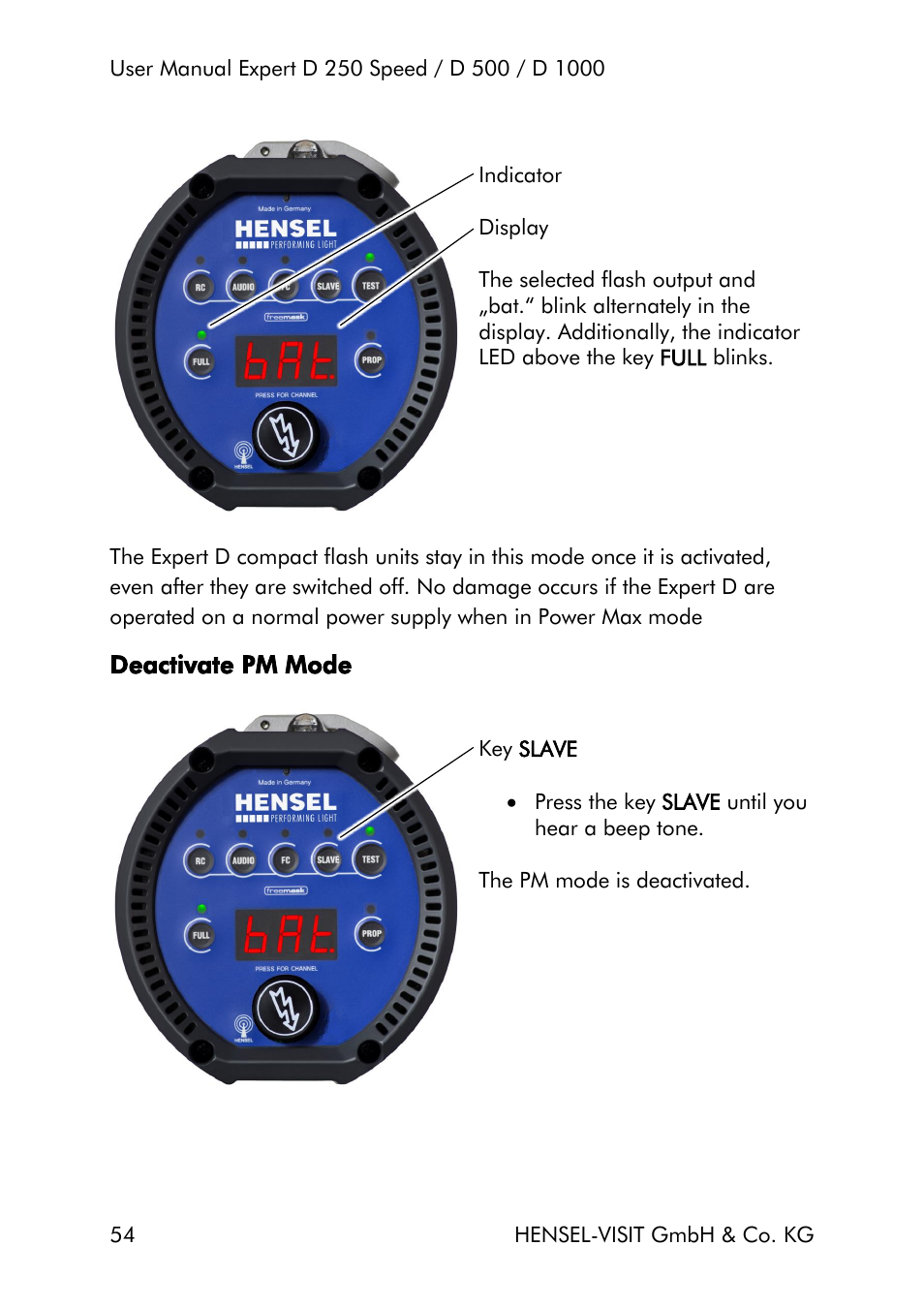 Deactivate pm mode | Hensel Expert D 250 SPEED Monolight User Manual | Page 54 / 96