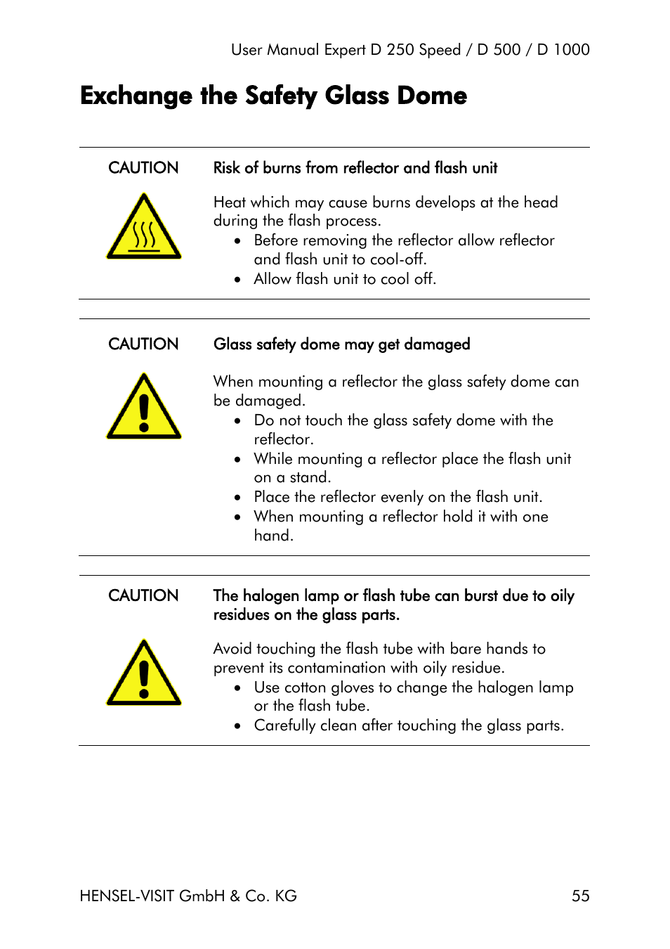 Exchange the safety glass dome | Hensel Expert D 250 SPEED Monolight User Manual | Page 55 / 96