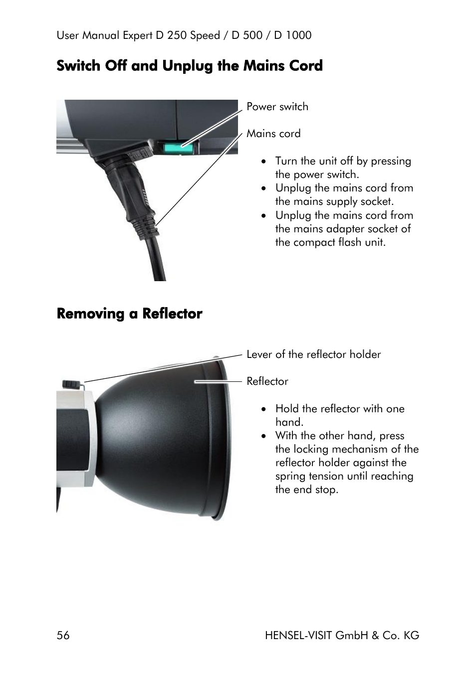 Switch off and unplug the mains cord, Removing a reflector | Hensel Expert D 250 SPEED Monolight User Manual | Page 56 / 96