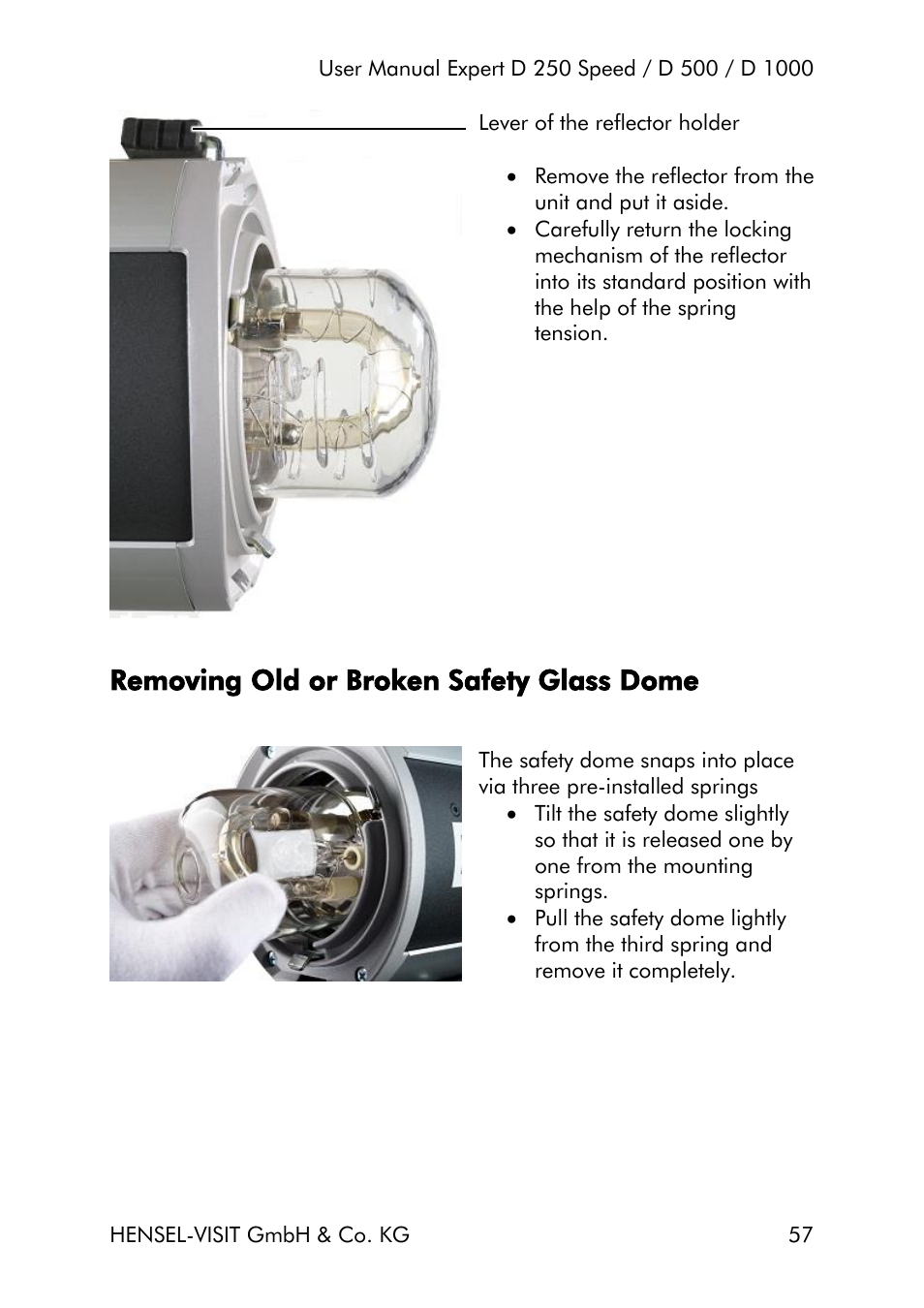 Removing old or broken safety glass dome | Hensel Expert D 250 SPEED Monolight User Manual | Page 57 / 96