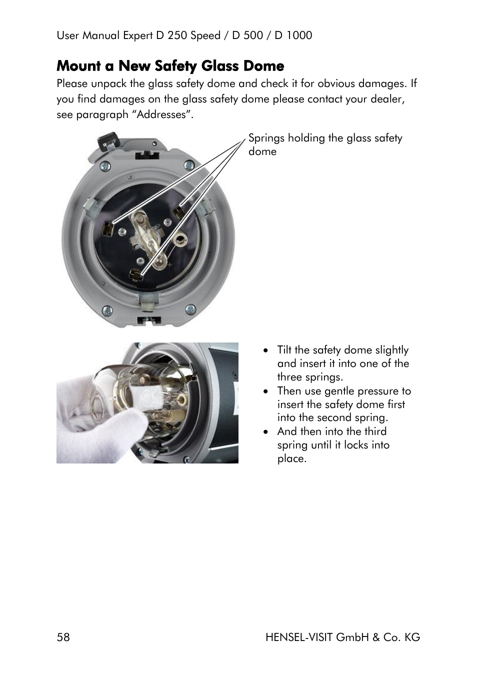 Mount a new safety glass dome | Hensel Expert D 250 SPEED Monolight User Manual | Page 58 / 96