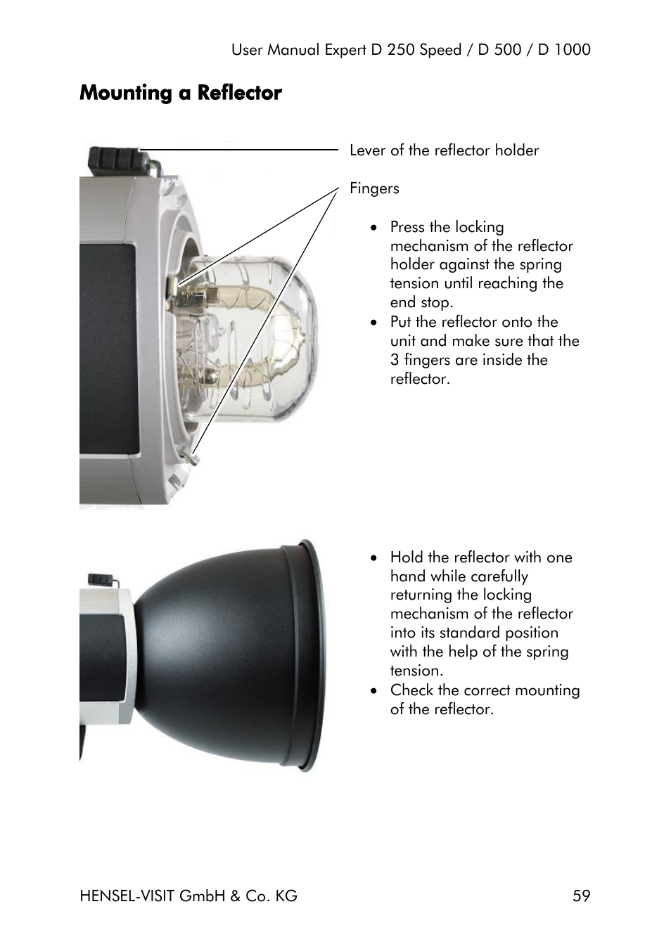Mounting a reflector | Hensel Expert D 250 SPEED Monolight User Manual | Page 59 / 96