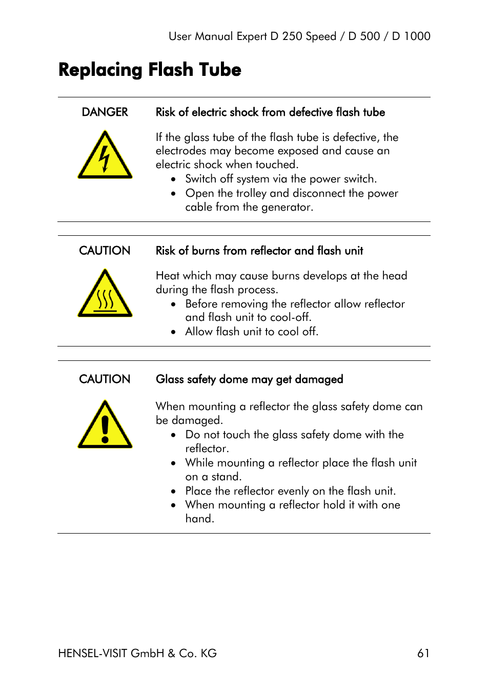 Replacing flash tube | Hensel Expert D 250 SPEED Monolight User Manual | Page 61 / 96