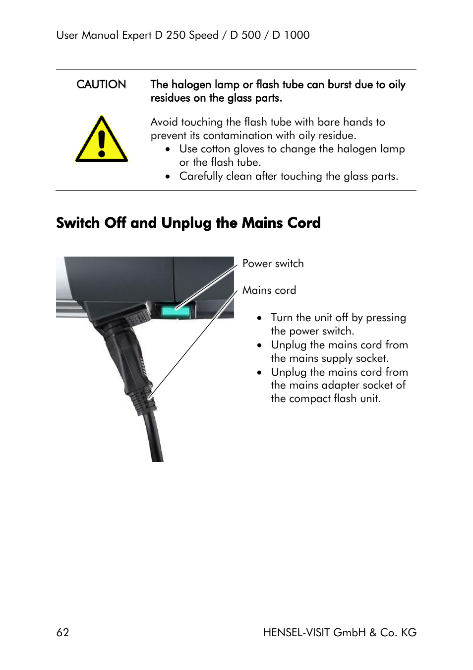 Switch off and unplug the mains cord | Hensel Expert D 250 SPEED Monolight User Manual | Page 62 / 96