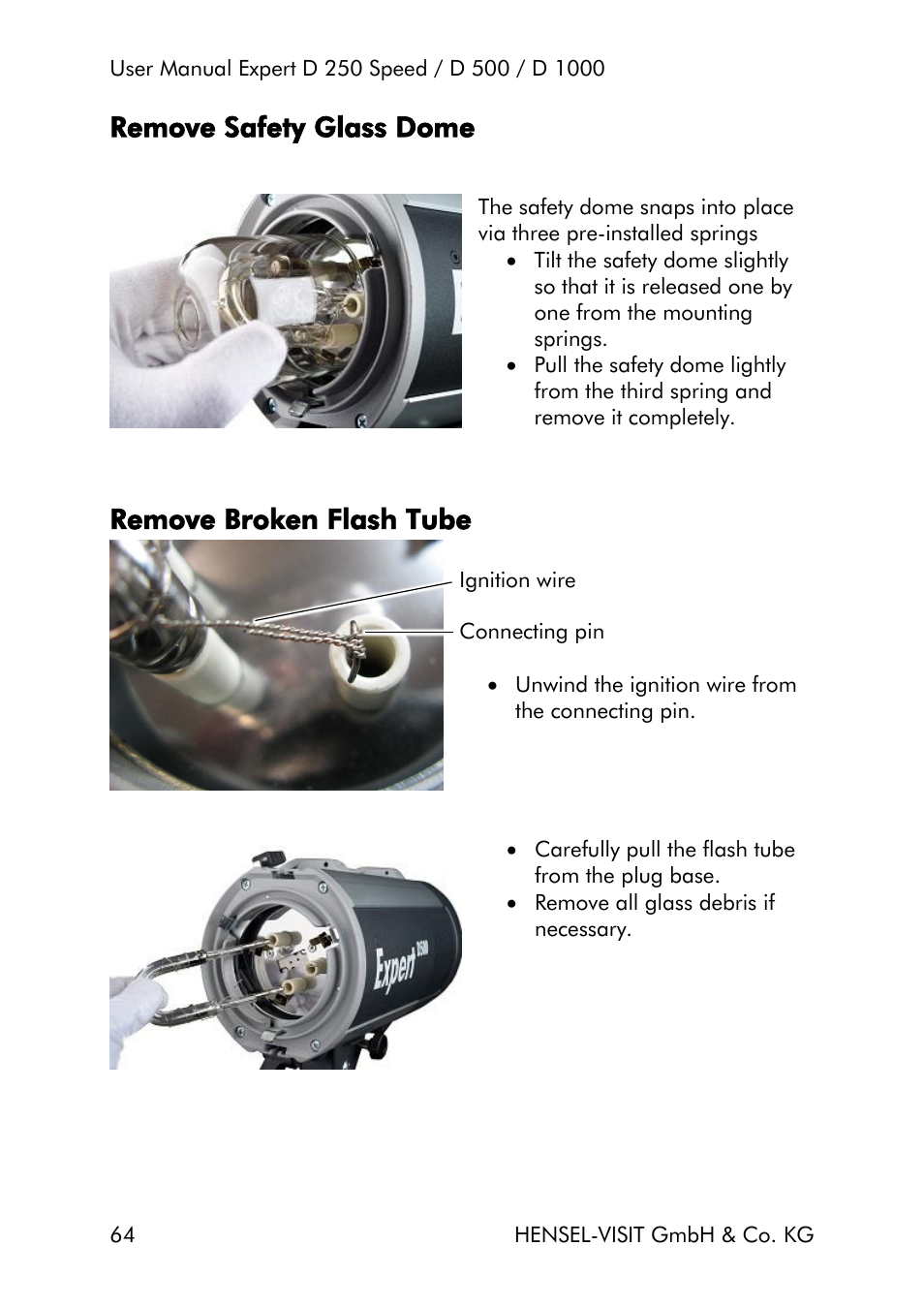 Remove safety glass dome, Remove broken flash tube | Hensel Expert D 250 SPEED Monolight User Manual | Page 64 / 96