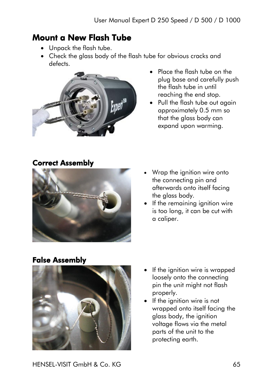 Mount a new flash tube, Correct assembly, False assembly | Hensel Expert D 250 SPEED Monolight User Manual | Page 65 / 96