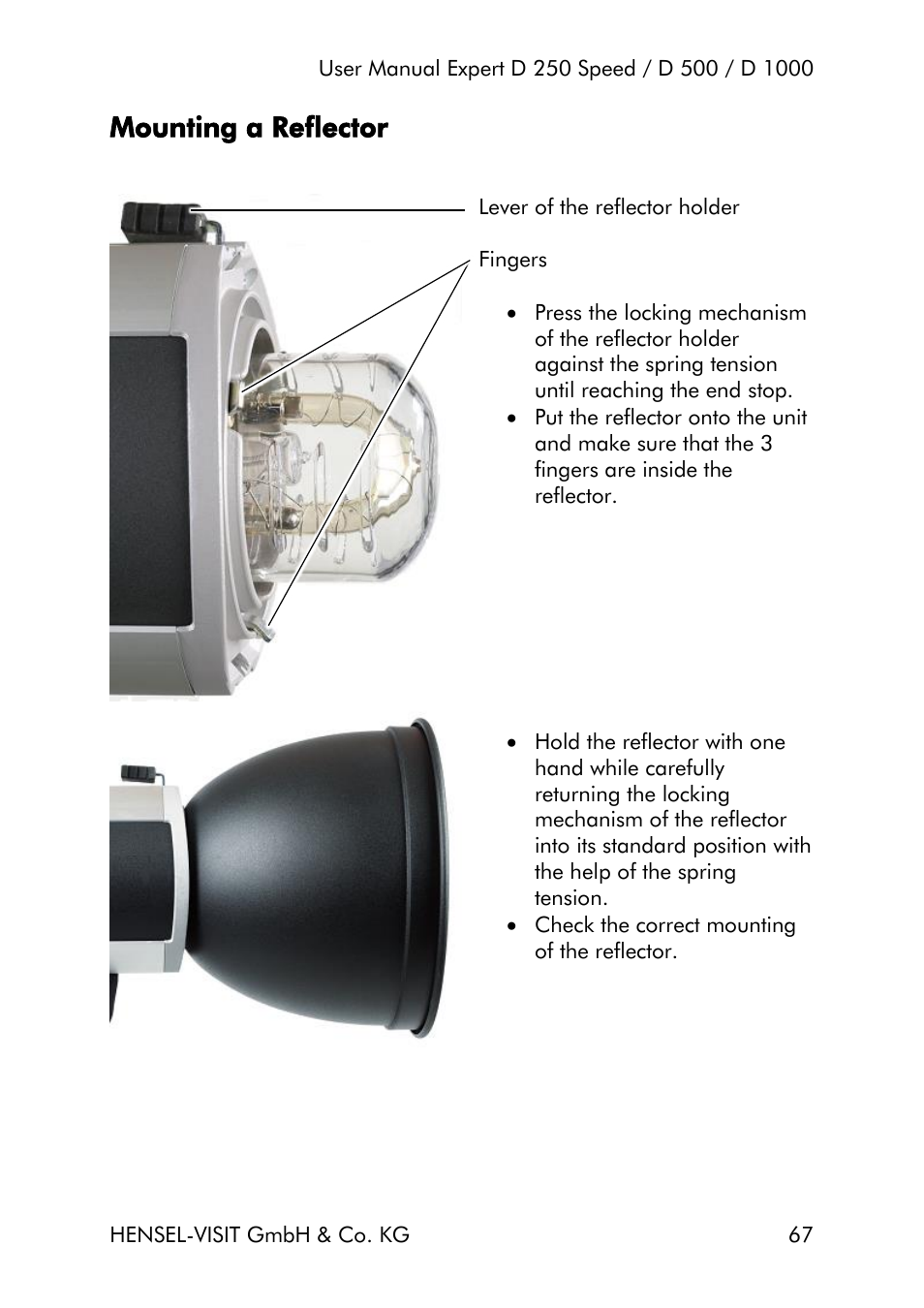 Mounting a reflector | Hensel Expert D 250 SPEED Monolight User Manual | Page 67 / 96