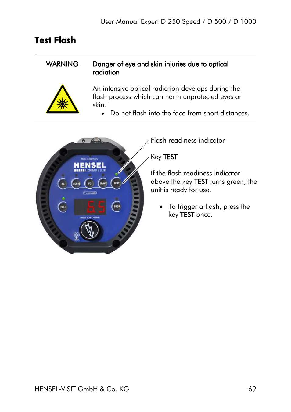 Test flash | Hensel Expert D 250 SPEED Monolight User Manual | Page 69 / 96