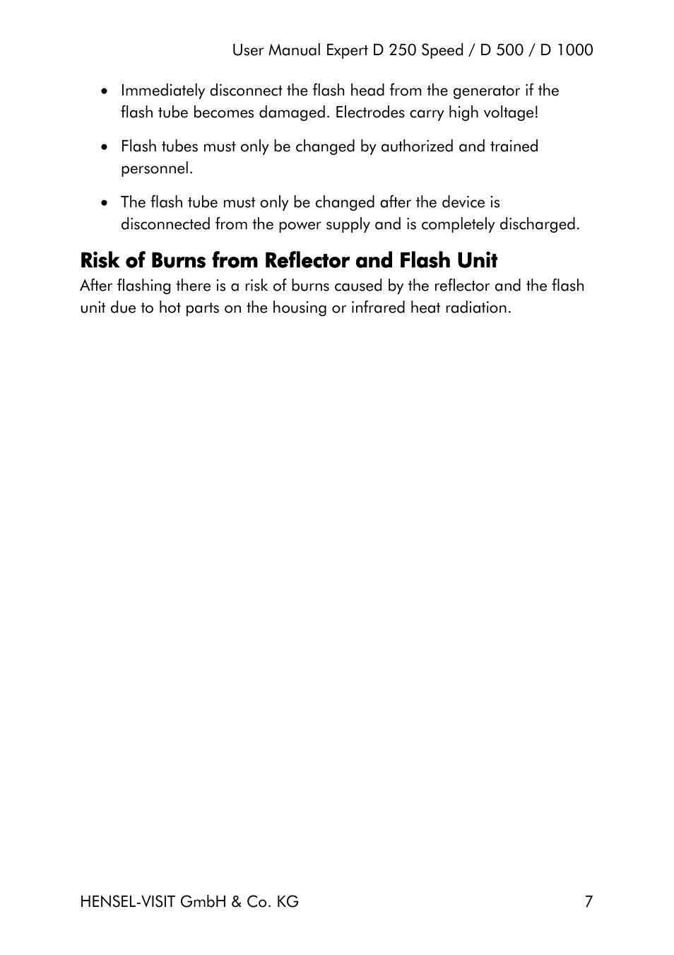 Risk of burns from reflector and flash unit | Hensel Expert D 250 SPEED Monolight User Manual | Page 7 / 96