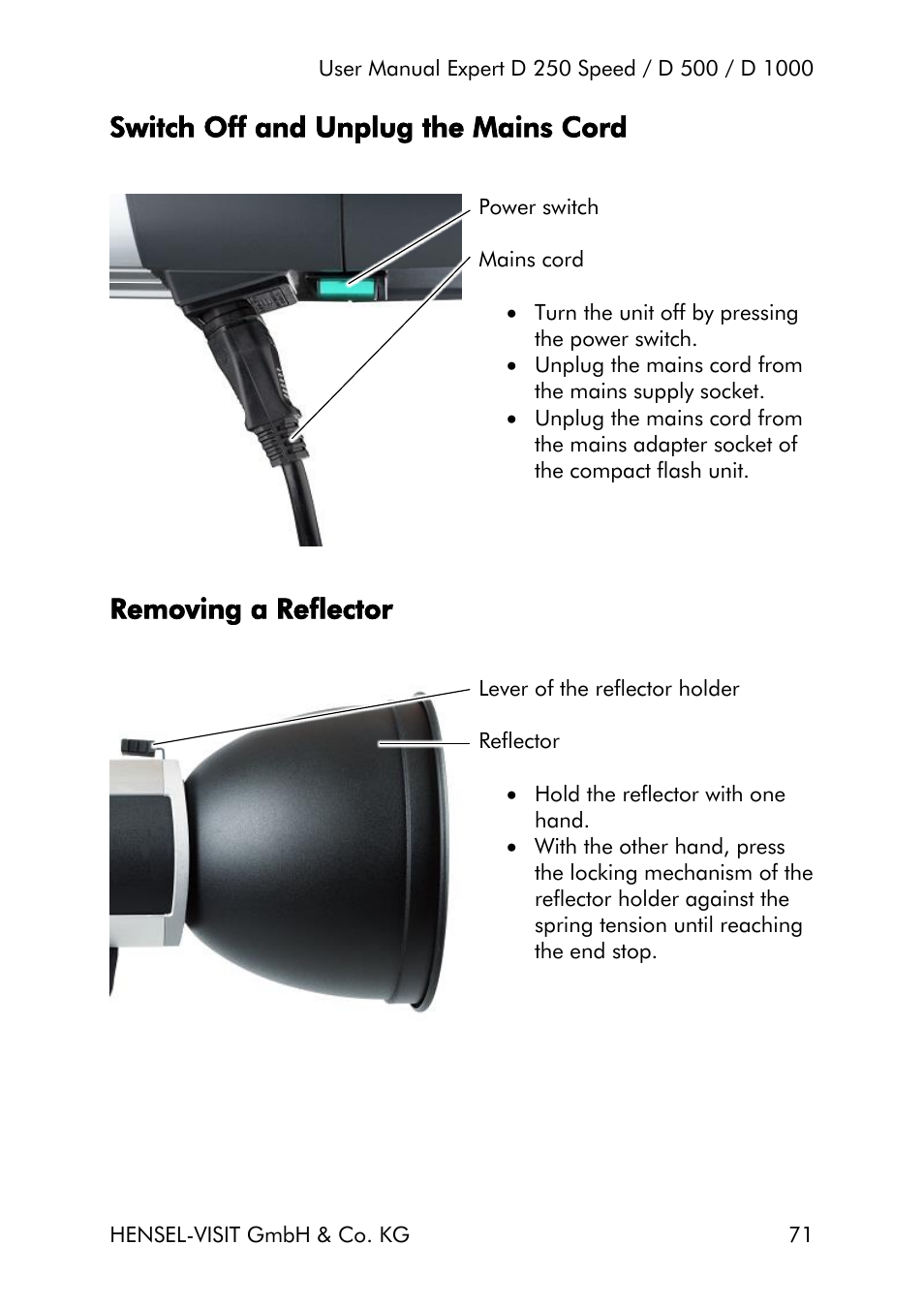 Switch off and unplug the mains cord, Removing a reflector | Hensel Expert D 250 SPEED Monolight User Manual | Page 71 / 96