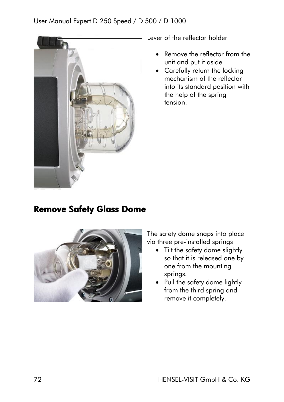 Remove safety glass dome | Hensel Expert D 250 SPEED Monolight User Manual | Page 72 / 96