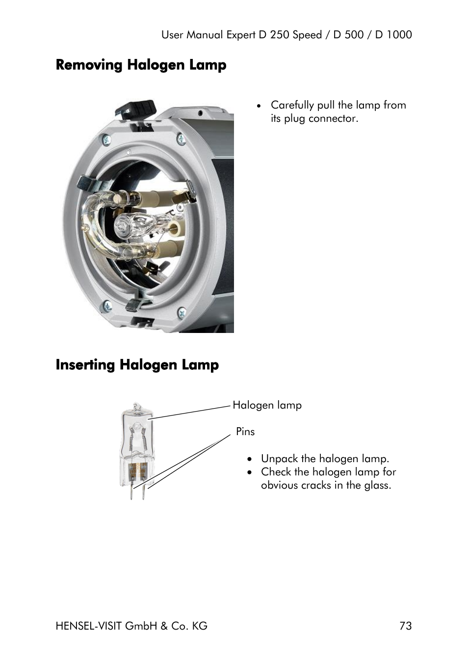 Removing halogen lamp, Inserting halogen lamp | Hensel Expert D 250 SPEED Monolight User Manual | Page 73 / 96