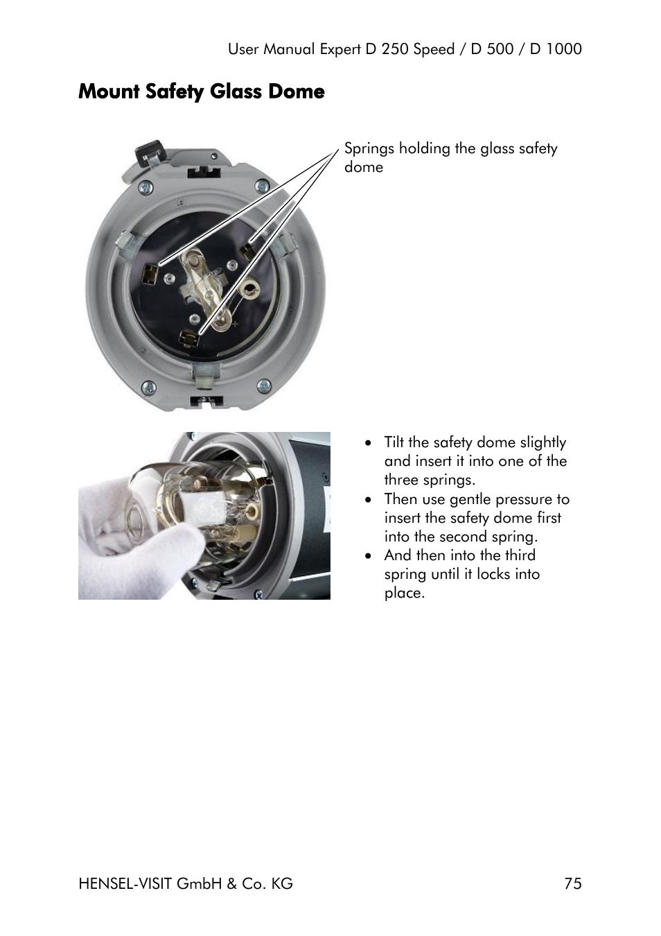 Mount safety glass dome | Hensel Expert D 250 SPEED Monolight User Manual | Page 75 / 96