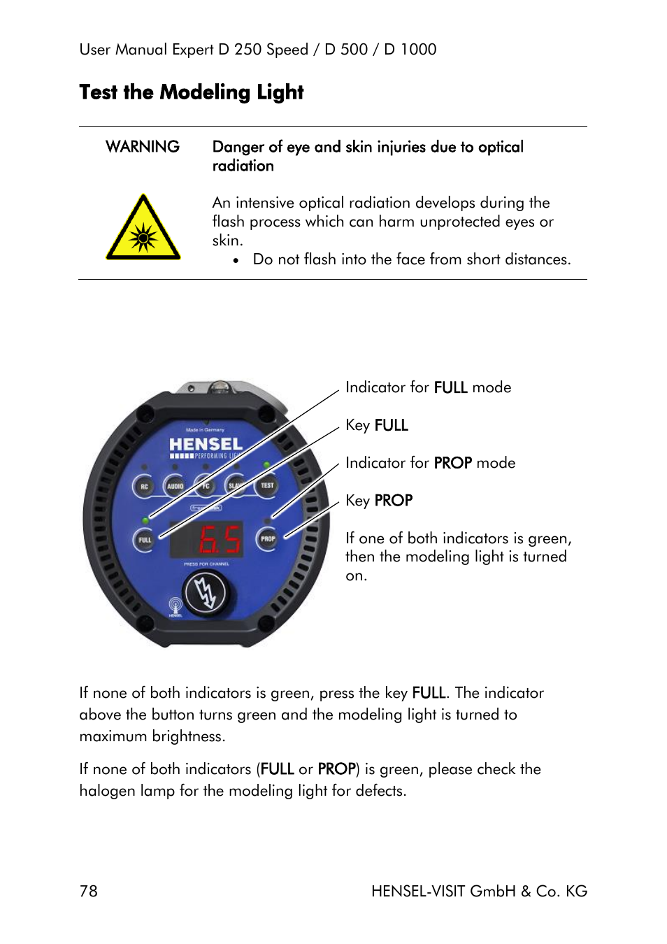 Test the modeling light | Hensel Expert D 250 SPEED Monolight User Manual | Page 78 / 96