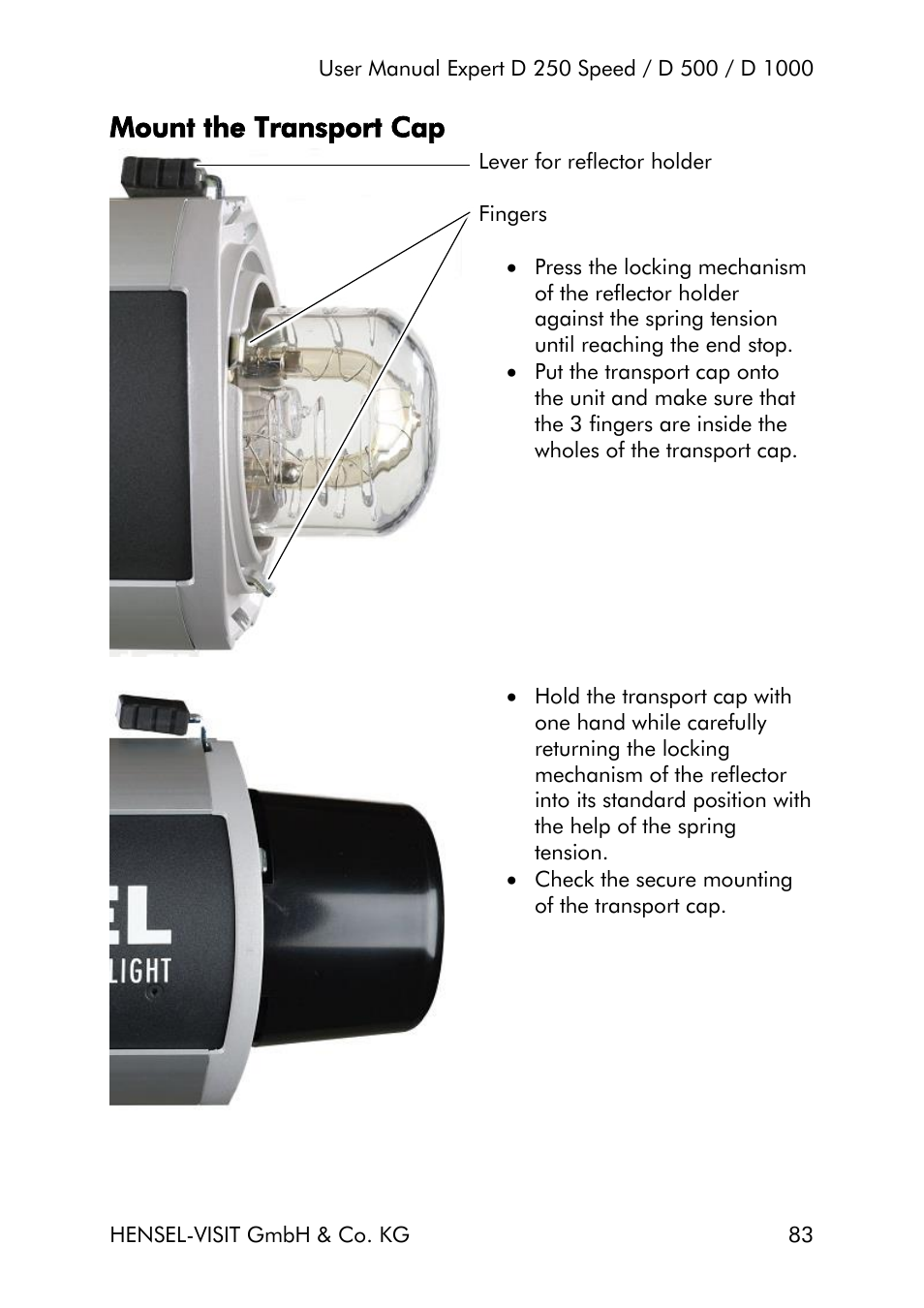 Mount the transport cap | Hensel Expert D 250 SPEED Monolight User Manual | Page 83 / 96