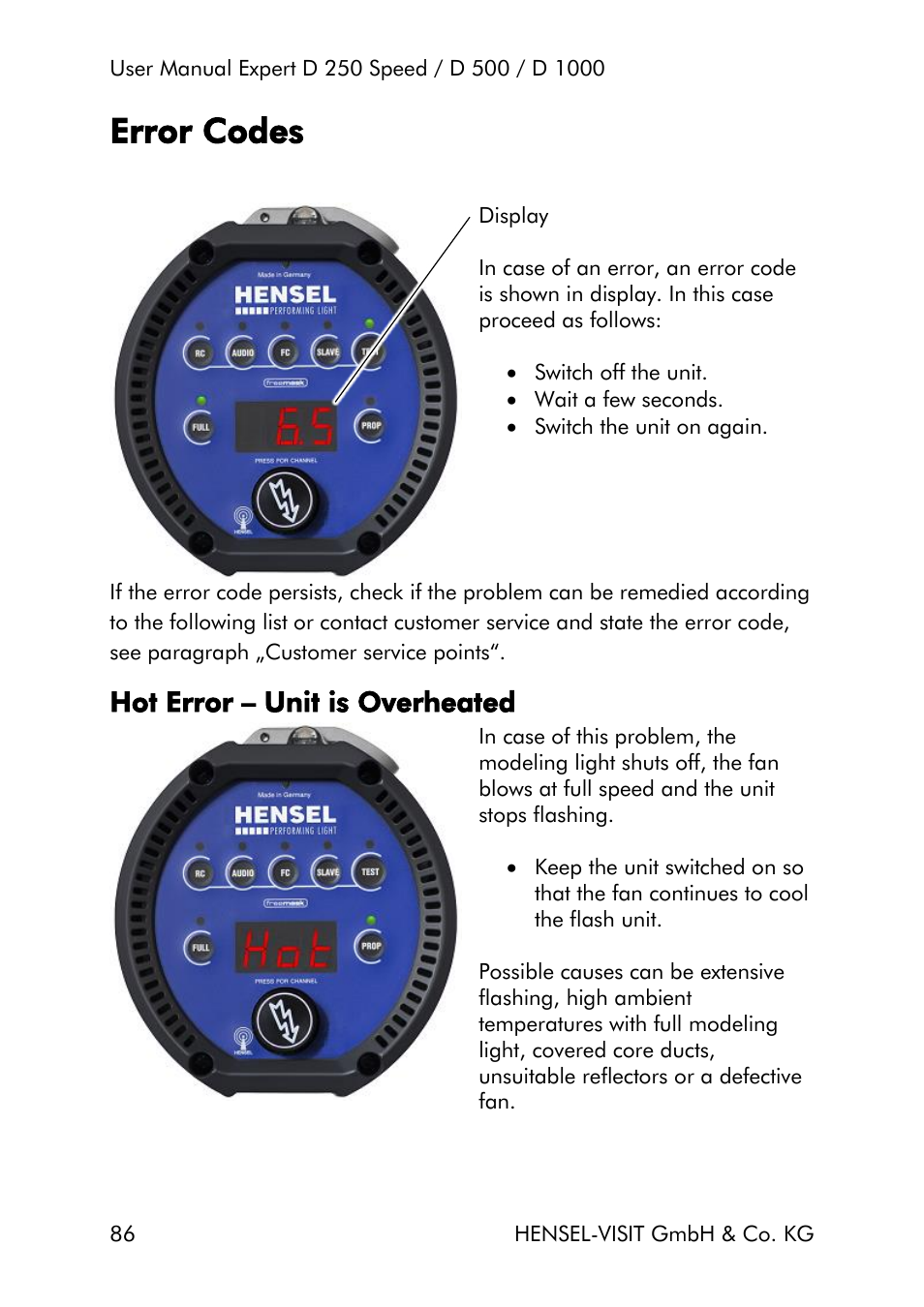 Error codes, Hot error – unit is overheated | Hensel Expert D 250 SPEED Monolight User Manual | Page 86 / 96