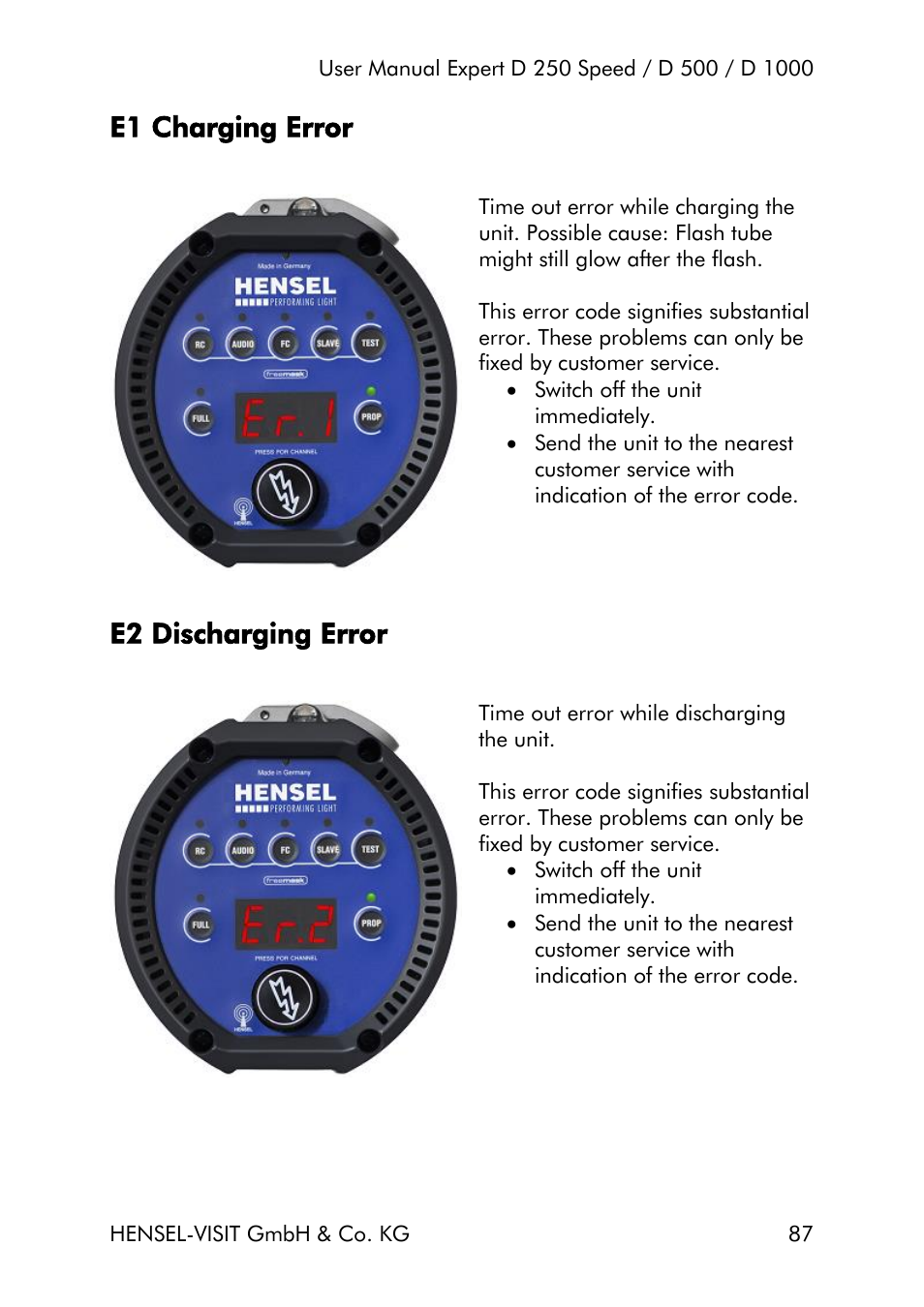 E1 charging error, E2 discharging error | Hensel Expert D 250 SPEED Monolight User Manual | Page 87 / 96