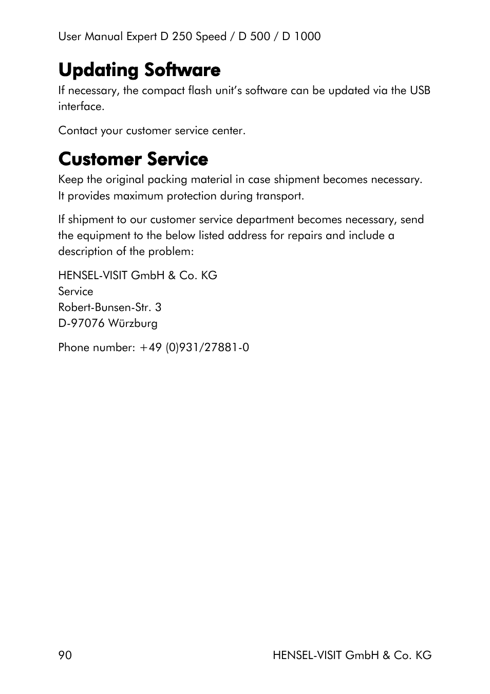 Updating software, Customer service | Hensel Expert D 250 SPEED Monolight User Manual | Page 90 / 96