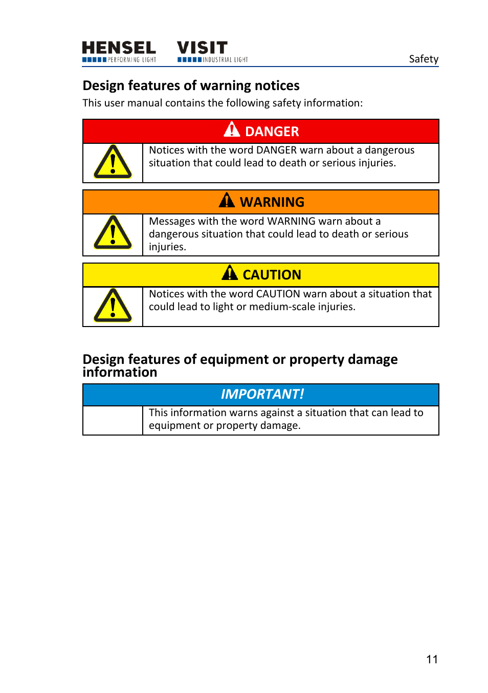 Design features of warning notices, Danger, Warning | Caution | Hensel Certo 400 Monolight User Manual | Page 11 / 56