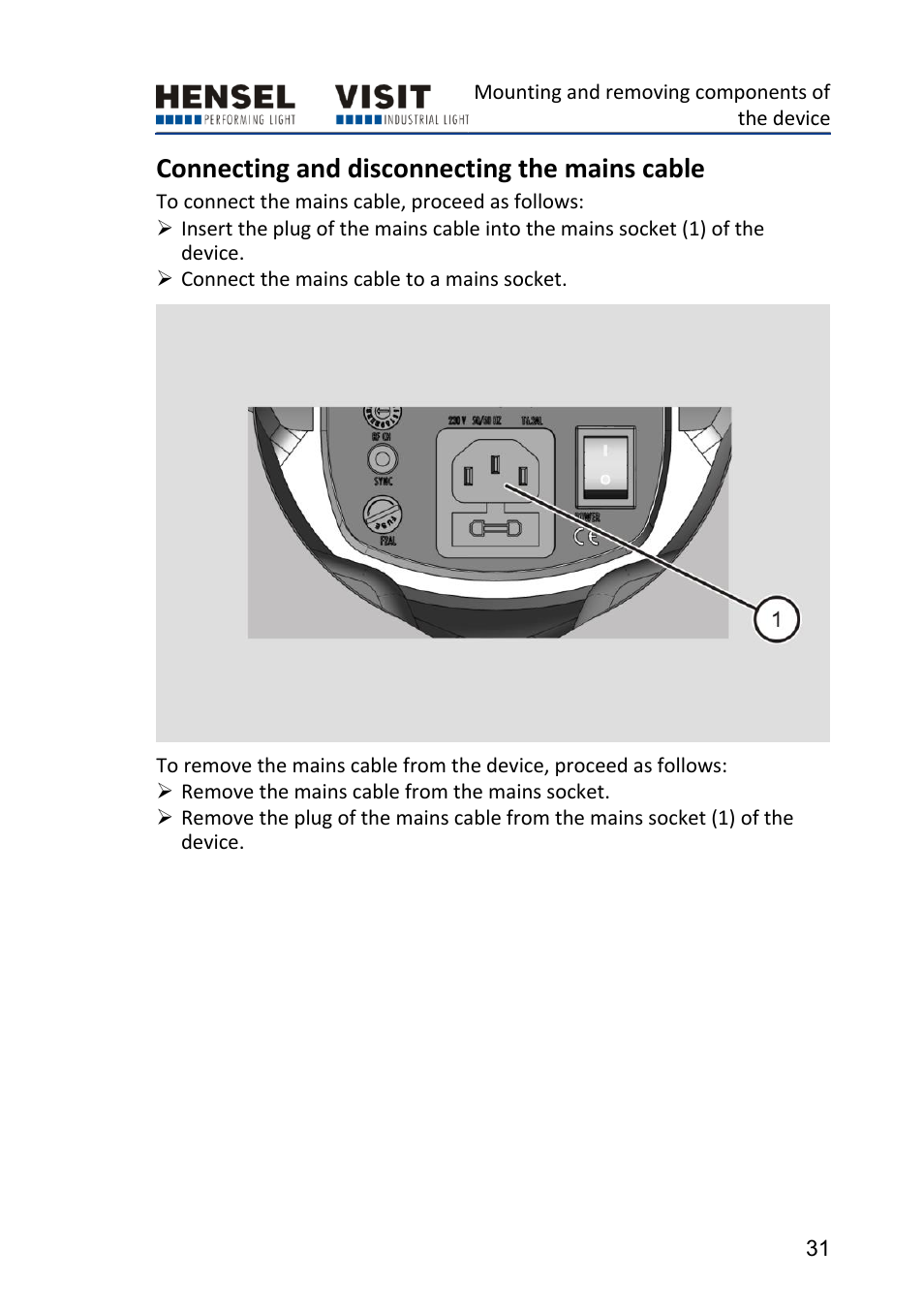 Connecting and disconnecting the mains cable | Hensel Certo 400 Monolight User Manual | Page 31 / 56