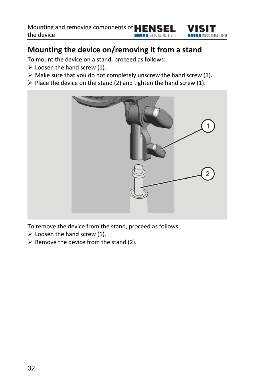 Mounting the device on/removing it from a stand | Hensel Certo 400 Monolight User Manual | Page 32 / 56