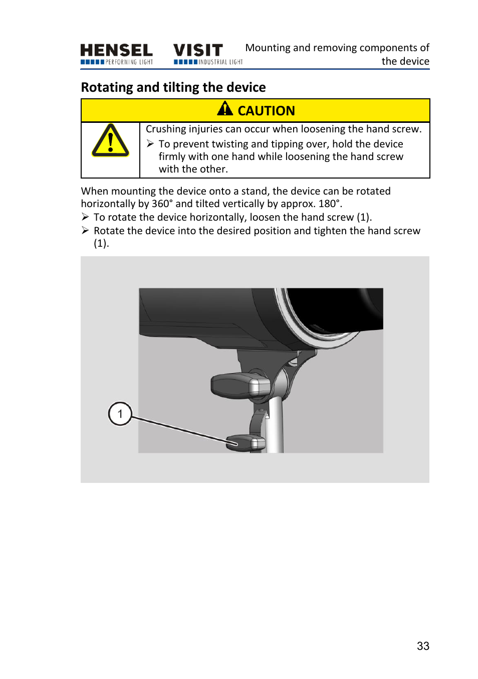 Rotating and tilting the device, Rotating and tilting the device caution | Hensel Certo 400 Monolight User Manual | Page 33 / 56