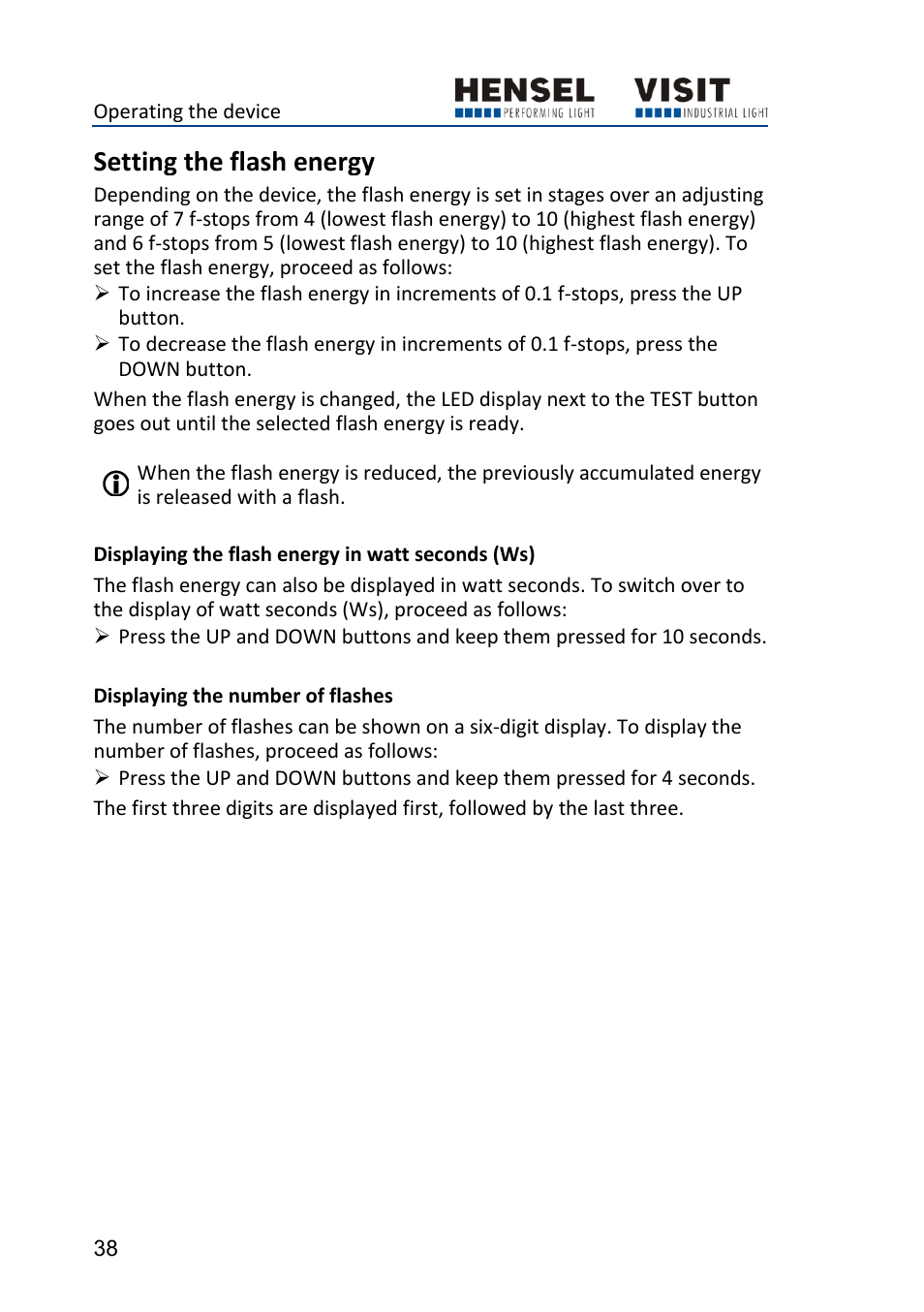 Setting the flash energy, Displaying the flash energy in watt seconds (ws), Displaying the number of flashes | Hensel Certo 400 Monolight User Manual | Page 38 / 56