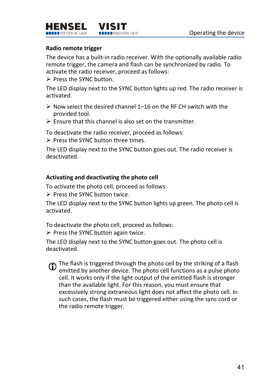 Radio remote trigger, Activating and deactivating the photo cell | Hensel Certo 400 Monolight User Manual | Page 41 / 56