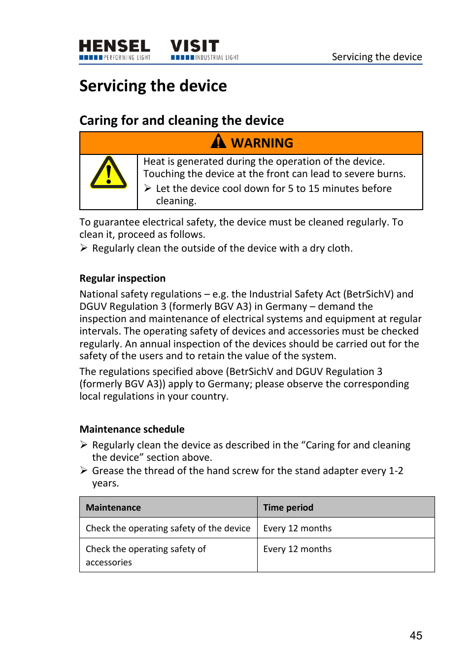 Servicing the device, Caring for and cleaning the device, Regular inspection | Maintenance schedule, Caring for and cleaning the device warning | Hensel Certo 400 Monolight User Manual | Page 45 / 56