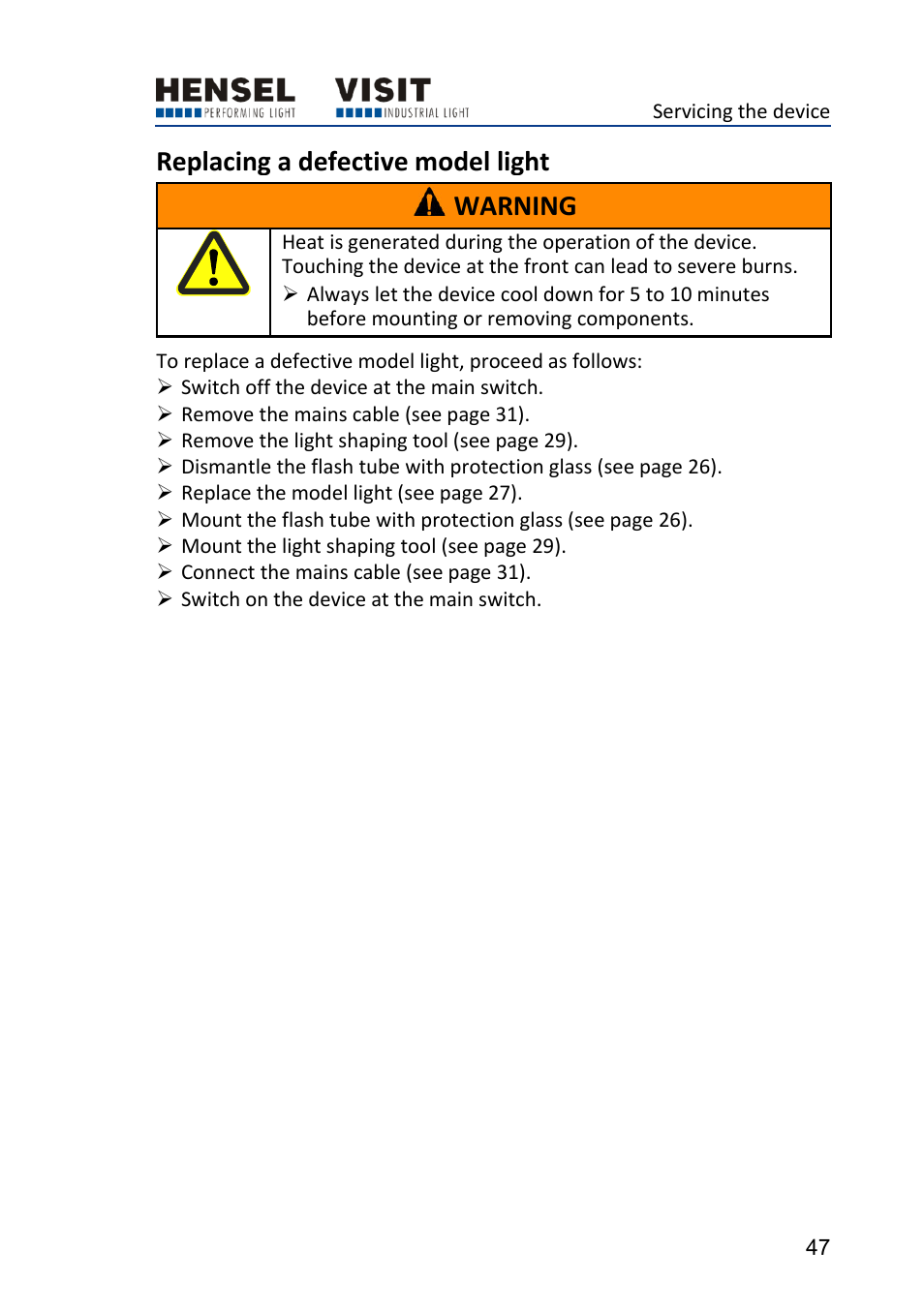 Replacing a defective model light, Replacing a defective model light warning | Hensel Certo 400 Monolight User Manual | Page 47 / 56