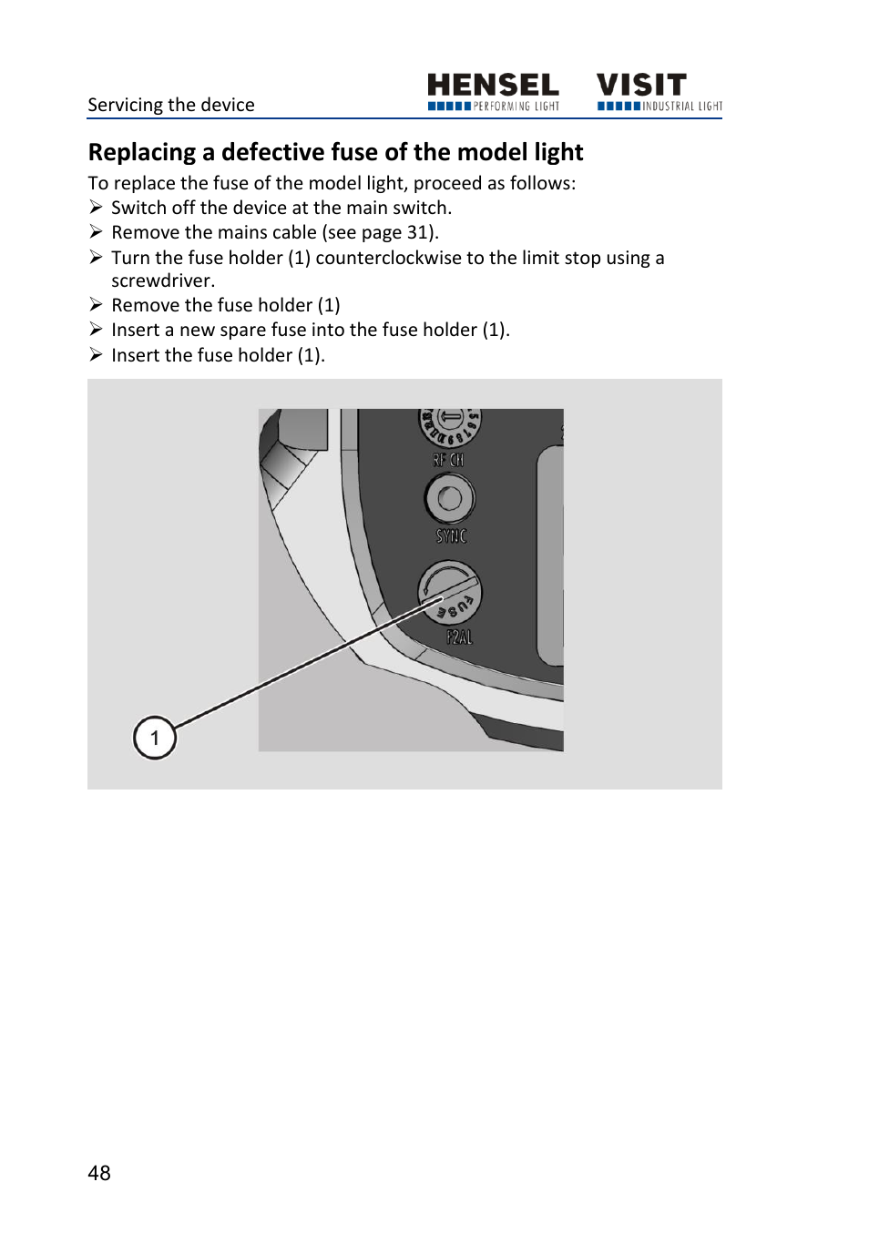 Replacing a defective fuse of the model light | Hensel Certo 400 Monolight User Manual | Page 48 / 56