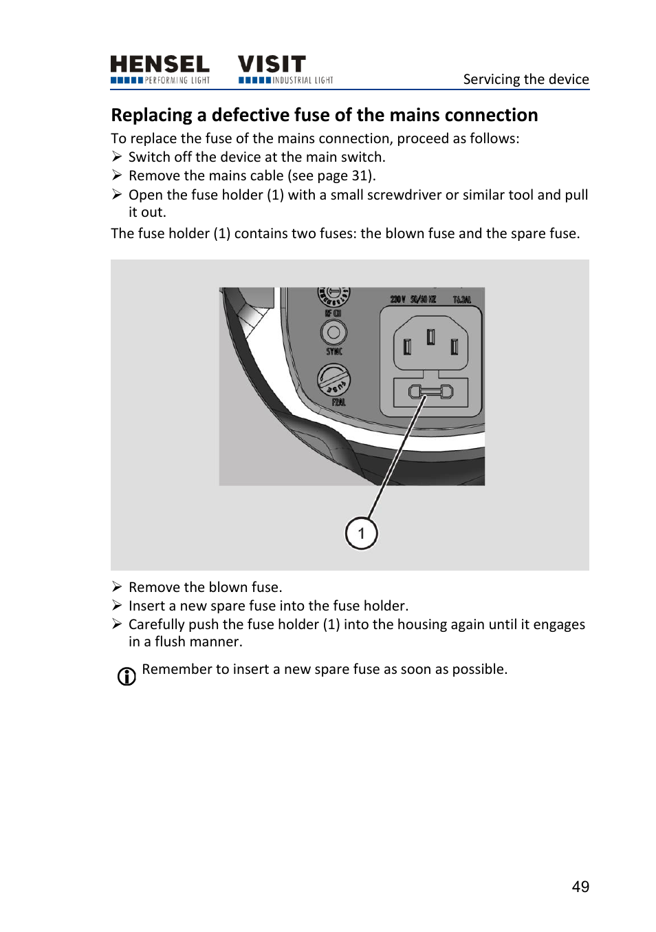 Replacing a defective fuse of the mains connection | Hensel Certo 400 Monolight User Manual | Page 49 / 56