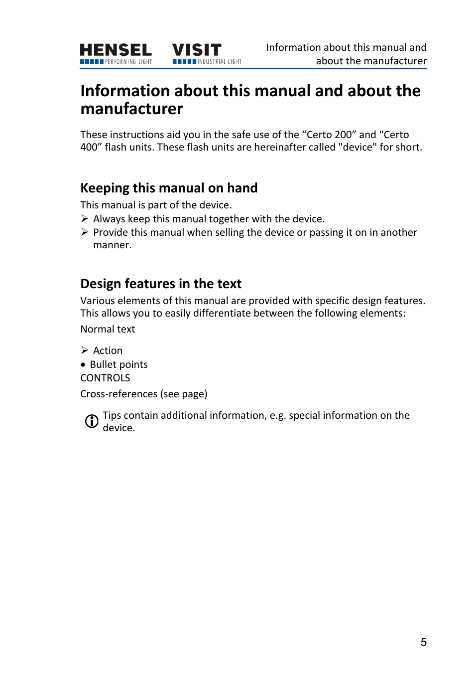 Keeping this manual on hand, Design features in the text | Hensel Certo 400 Monolight User Manual | Page 5 / 56