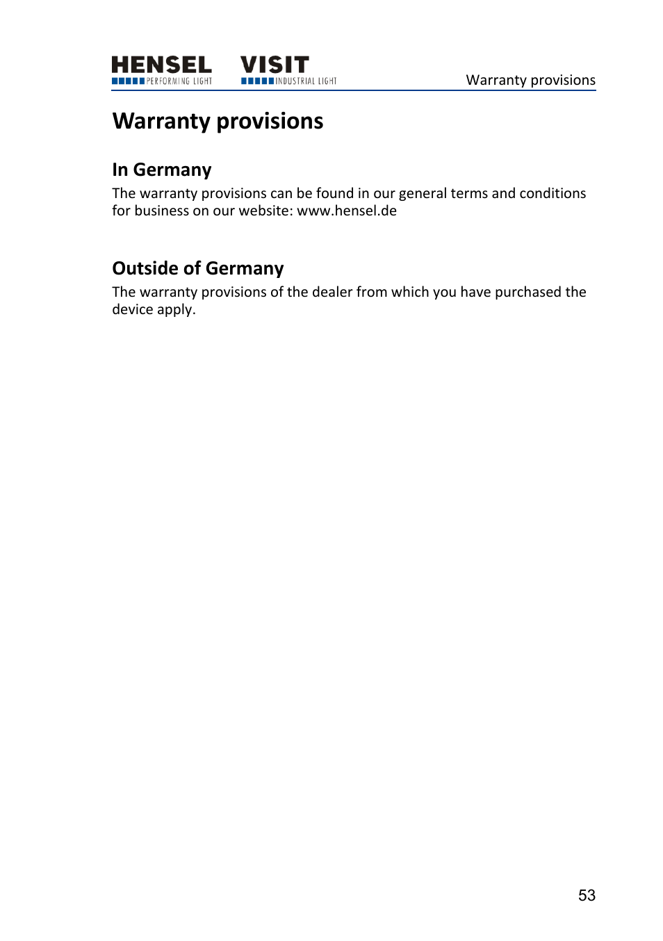 Warranty provisions, In germany, Outside of germany | Hensel Certo 400 Monolight User Manual | Page 53 / 56