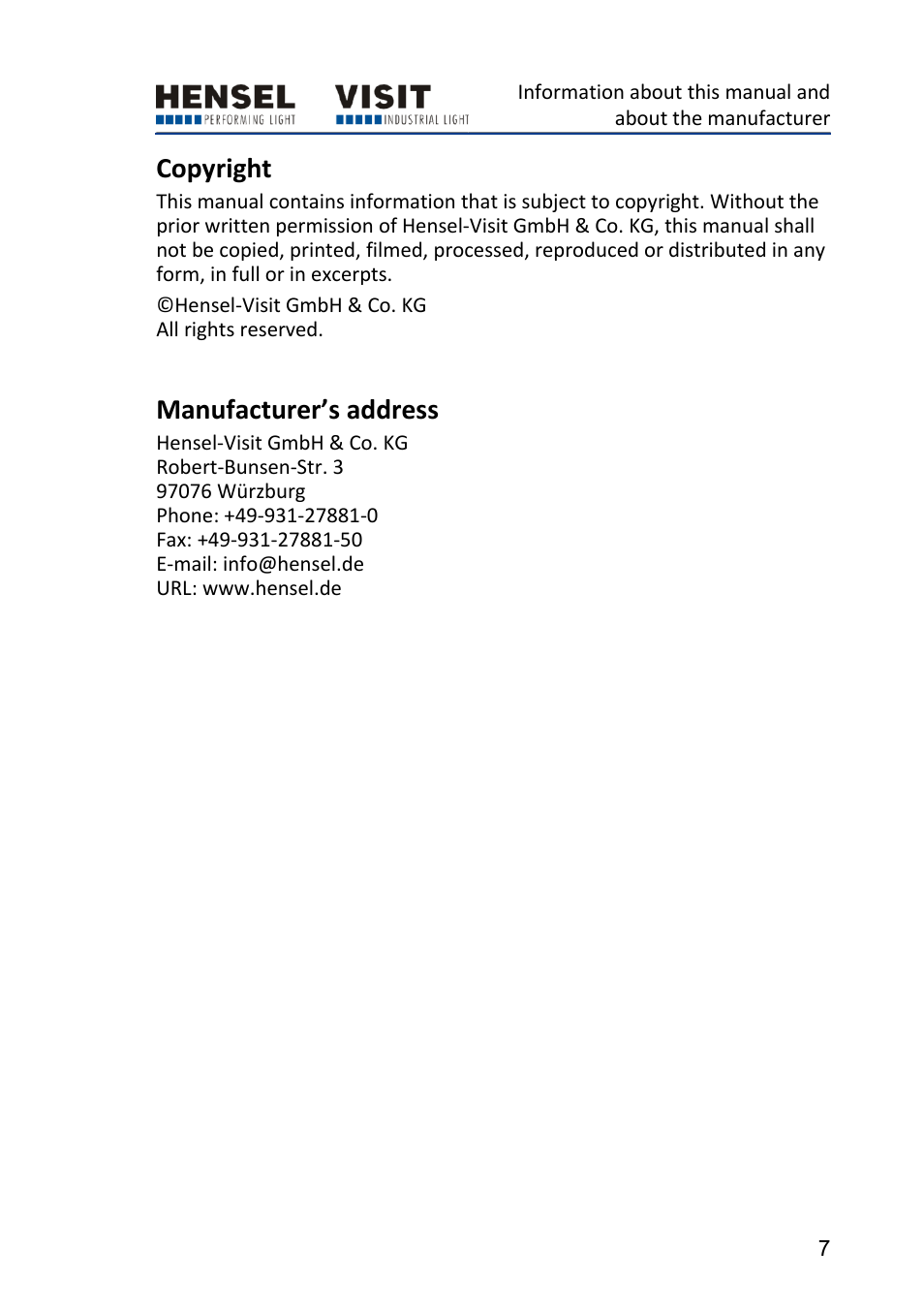 Copyright, Manufacturer’s address | Hensel Certo 400 Monolight User Manual | Page 7 / 56