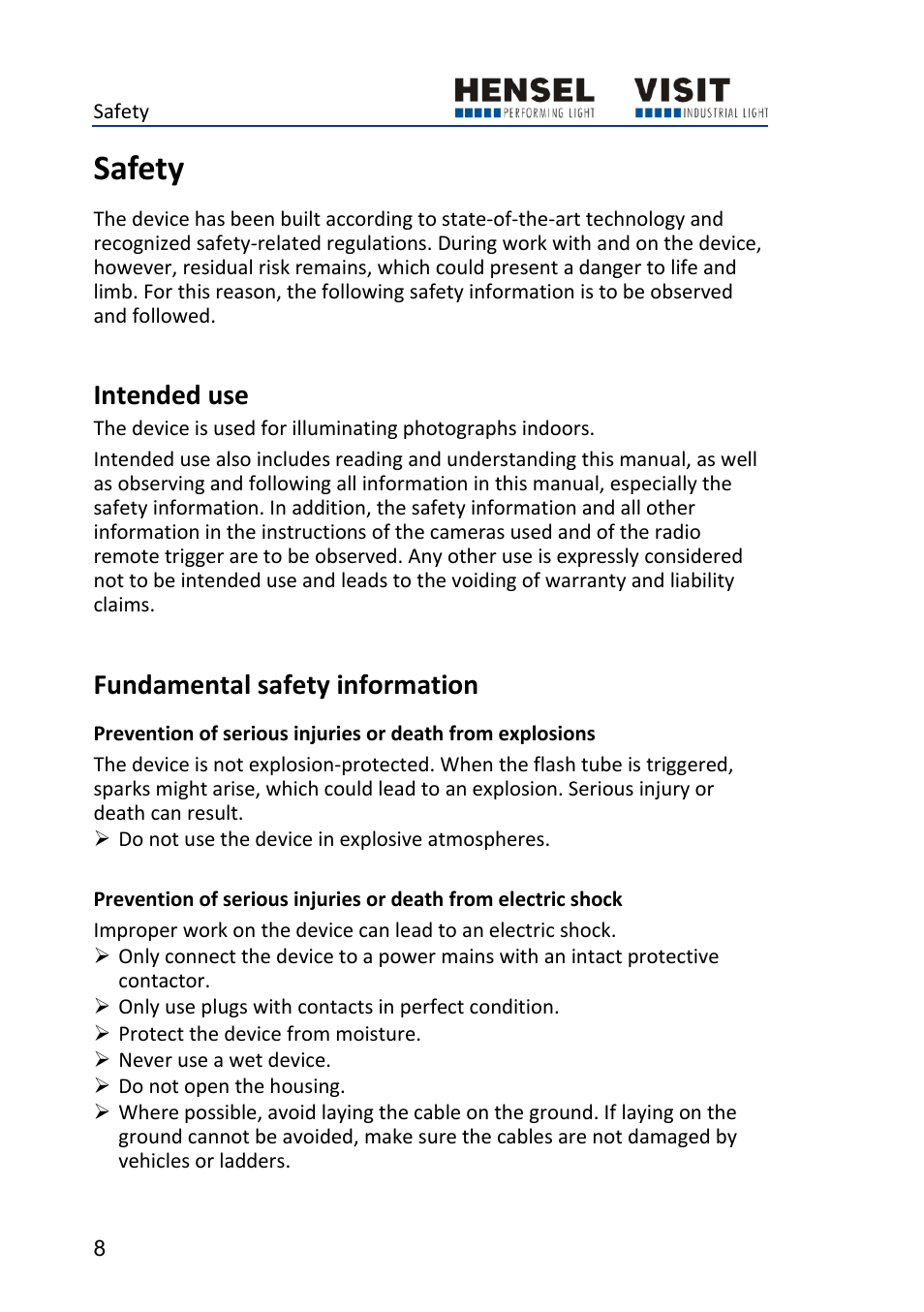 Safety, Intended use, Fundamental safety information | Hensel Certo 400 Monolight User Manual | Page 8 / 56